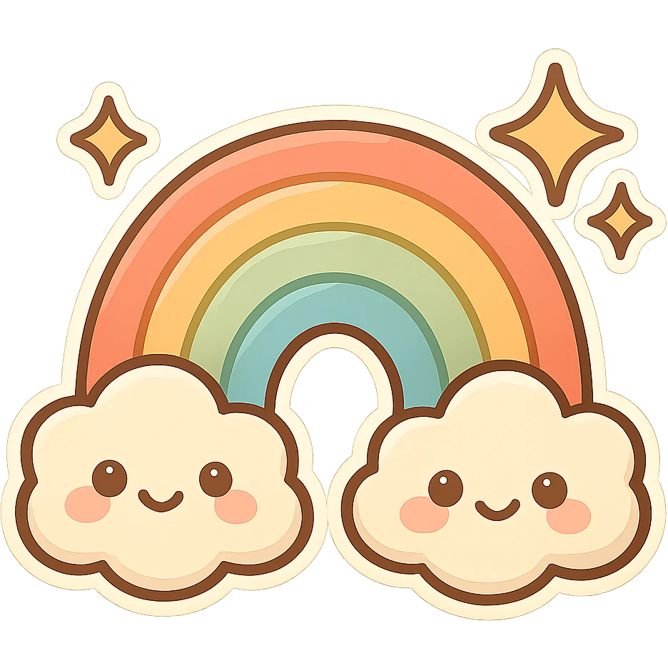 chibi sticker-style rainbow with sparkles, cute and exaggerated emoji