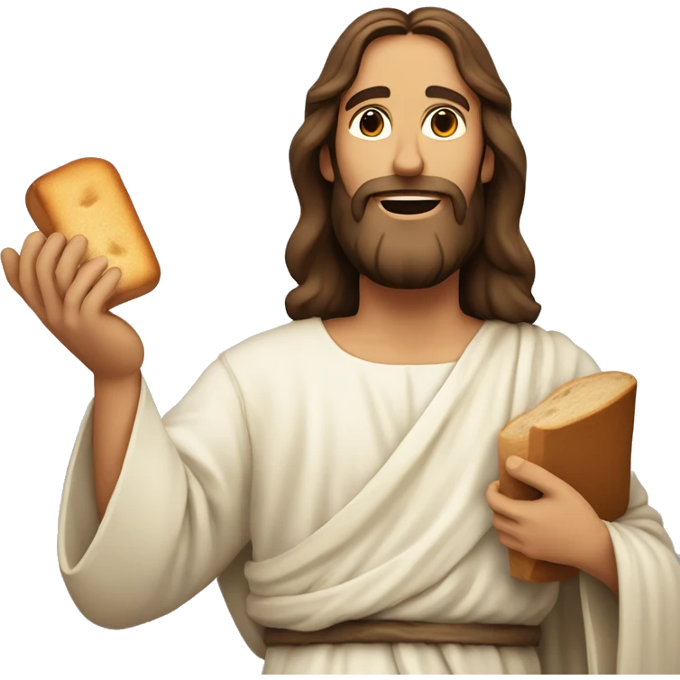 Jesus offering a loaf of bread with one hand and a glass of water with the other emoji