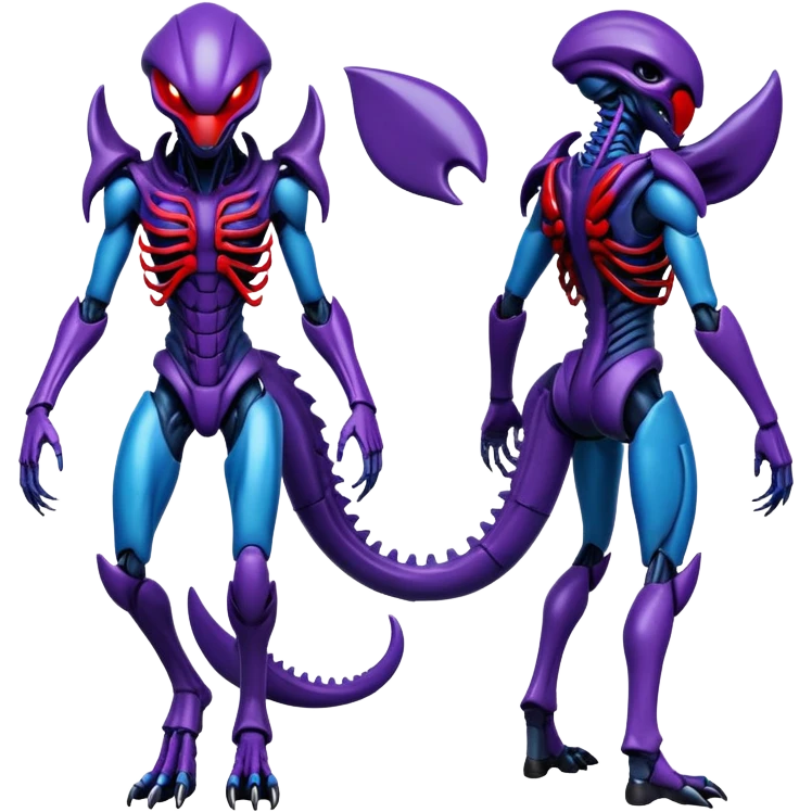 Fox xenomorph hybrid front facing full body dark purple and blue and red emoji