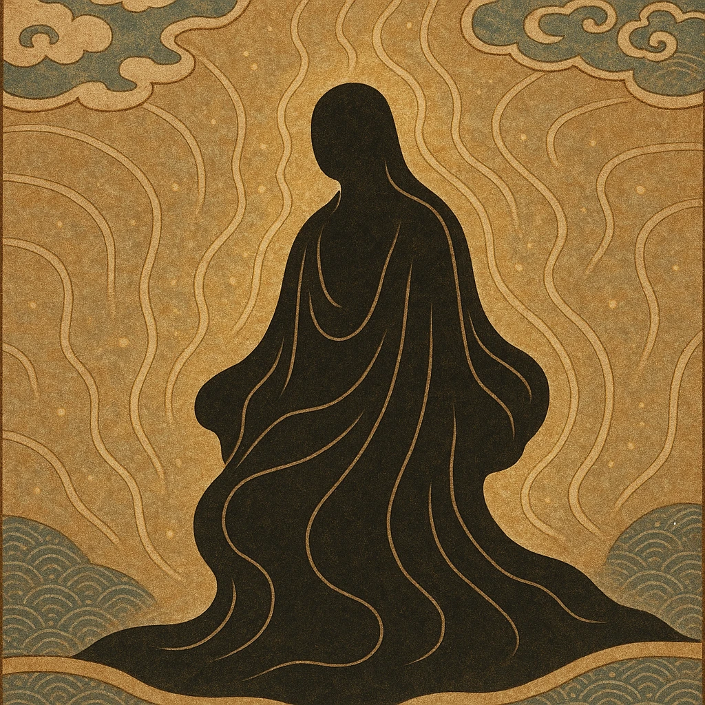 silhouette of a figure with flowing curves, radiating stillness and mystery, surrounded by shimmering energy emoji