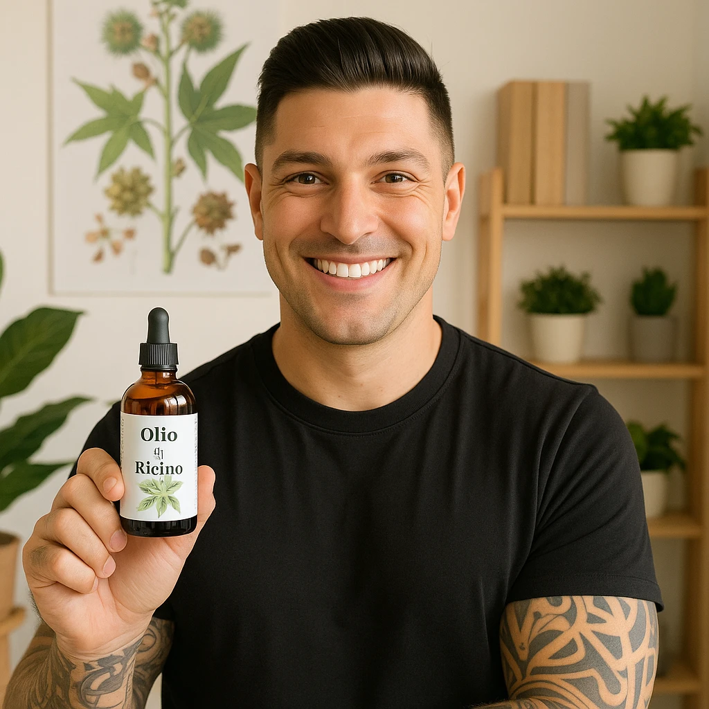Create a realistic scene featuring a man with facial features and expression similar to the person in the reference photo. The man is smiling happily and holding a bottle labeled 'Olio di ricino'. The atmosphere is bright, positive, educational, and respectful, emphasizing the natural and beneficial qualities of the product. emoji