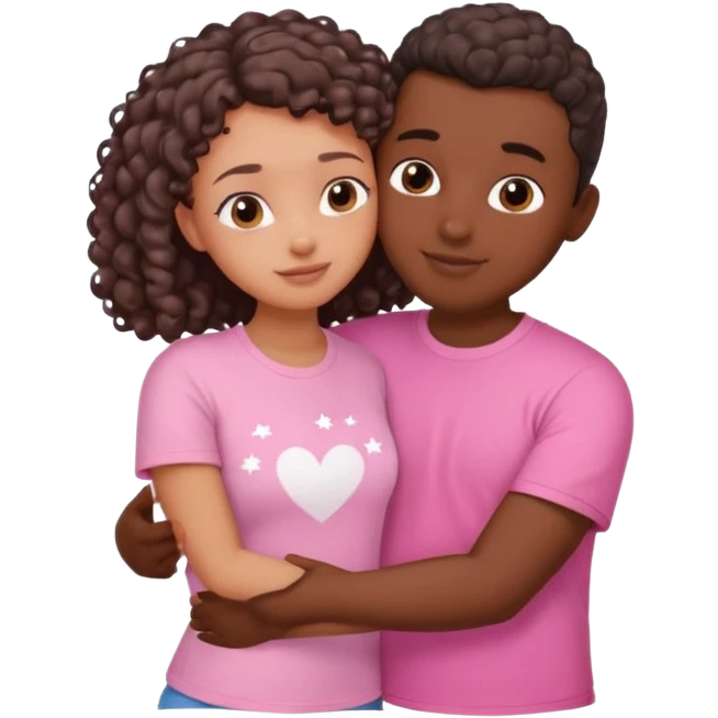 couple cuddling. Girl with dark skin, long curly hair, wearing a pink top. Guy with light skin, buzz cut, in a white T-shirt. He hugs her from behind. Cute, pastel, soft vibe with hearts or stars in the background. emoji