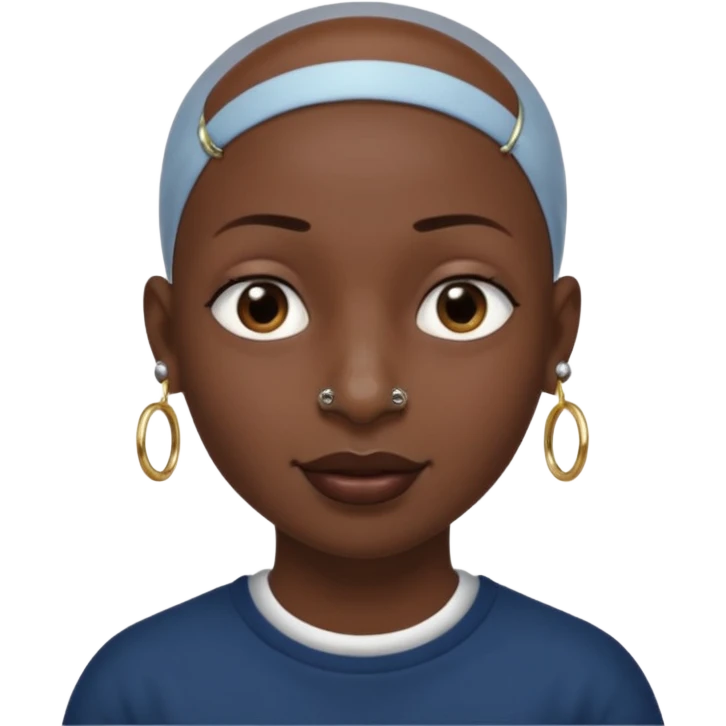 Make a emoji of a person with dark skin and has a nose ring and has a bunch of small earrings and a big earring and who has a tiny bit of hair and who has a gap between her two front teeth and with no hair emoji