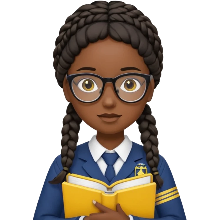 Girl student wearing uniform, glasses, hold yellow book in front of their chest, black braided hair, dark skin emoji