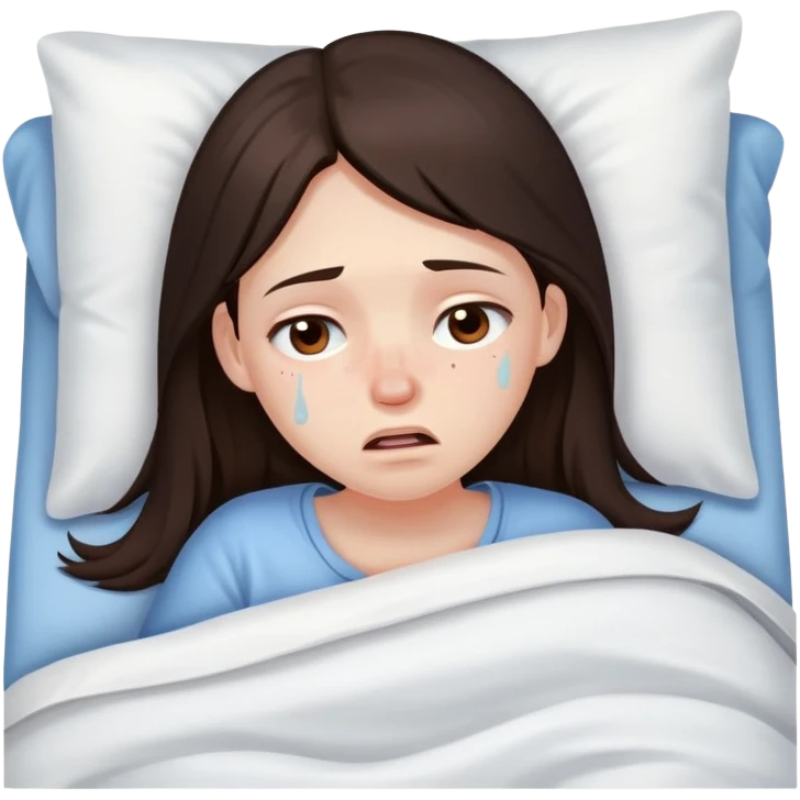girl with long dark brown hair brown eyes and pale skin with acne crying in bed tired sick emoji