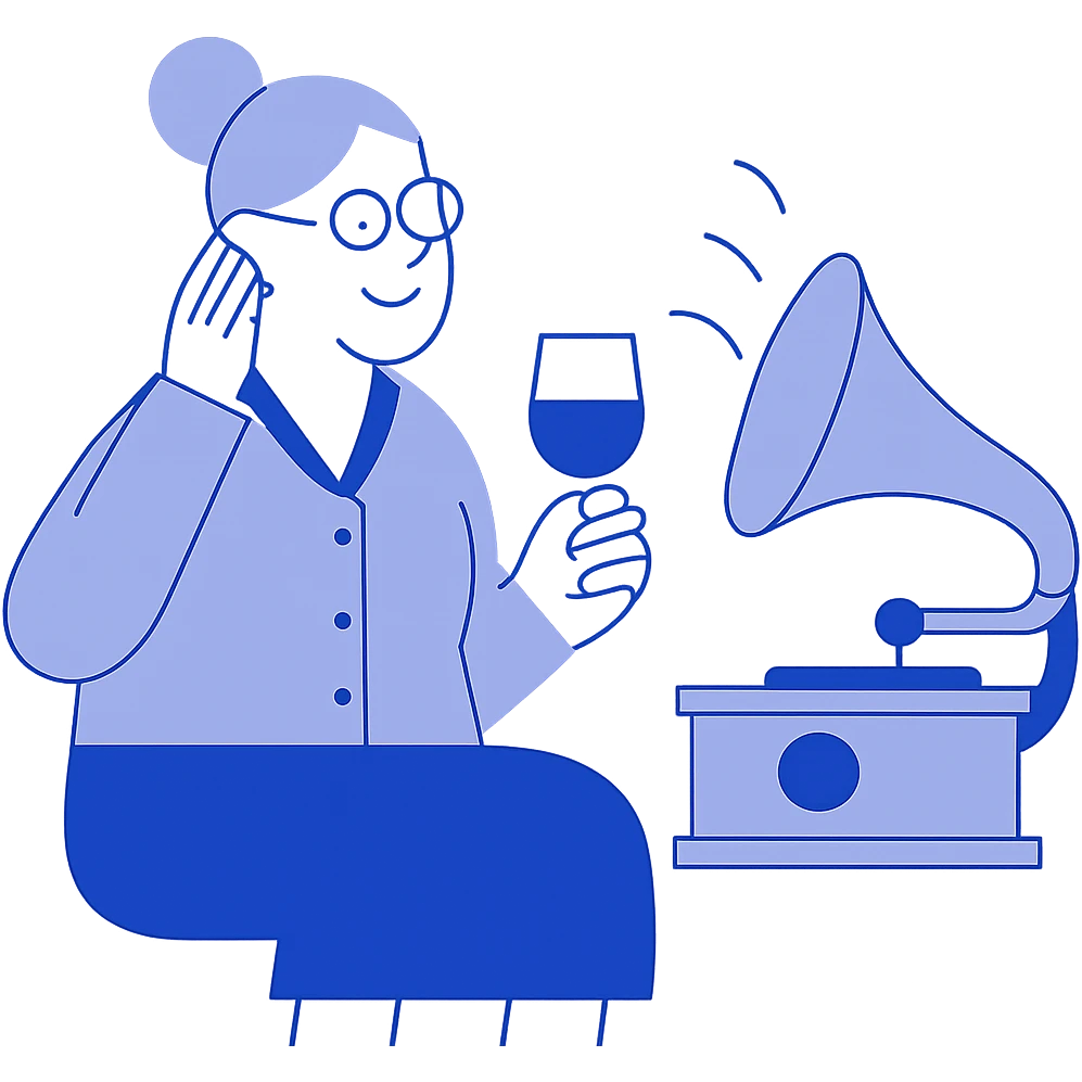 old lady with wineglass listening to gramophone emoji