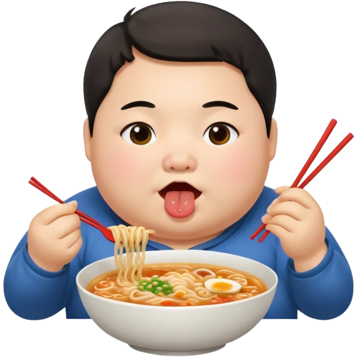 A chinise fat person eating ramen while its cheeks getting chubby emoji