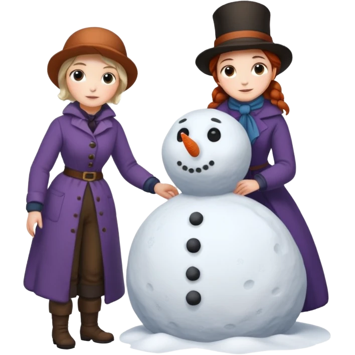  young Virginia Poe and  eldely Maria Clemm  full body building a snowman  1800's emoji