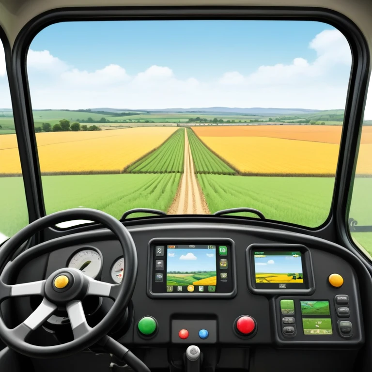 a view from the tractor cabin, with the dashboard in focus, overlooking a vibrant rural landscape. Inspired by Farming Simulator 22, the scene includes fields, crops, and distant barns under a bright sky. The design highlights the immersive experience of farm management. transparent background emoji