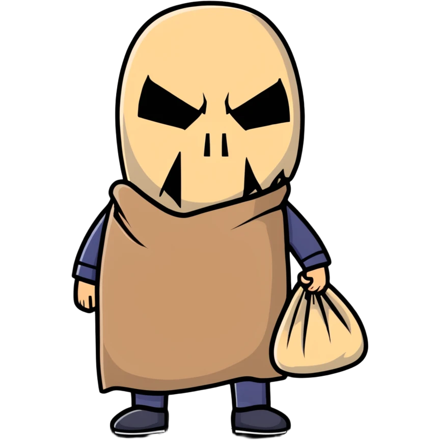 horror character with torn burlap sack mask, full body, spooky, ominous posture emoji