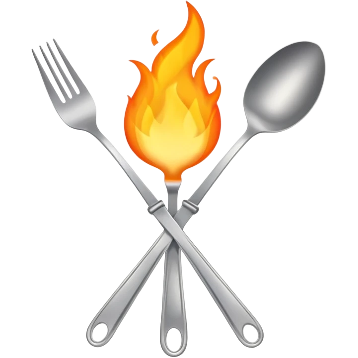 burning spoon fork and knife crossed together, kitchen utensils on fire with flames emoji