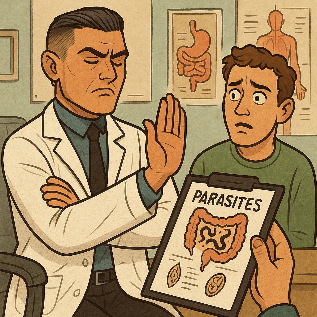 Create a semi-realistic or expressive style image of a male doctor inspired by the reference image. The doctor wears a white coat and is dismissively waving his hand or turning away from a medical report or patient chart showing intestinal parasites. He has a closed or indifferent expression symbolizing denial or negligence. Nearby, a patient looks confused or concerned. The setting is a clinical or doctor's office with diagnostic charts or anatomical posters visible. The tone is slightly critical or ironic, highlighting refusal to acknowledge hidden health issues. emoji