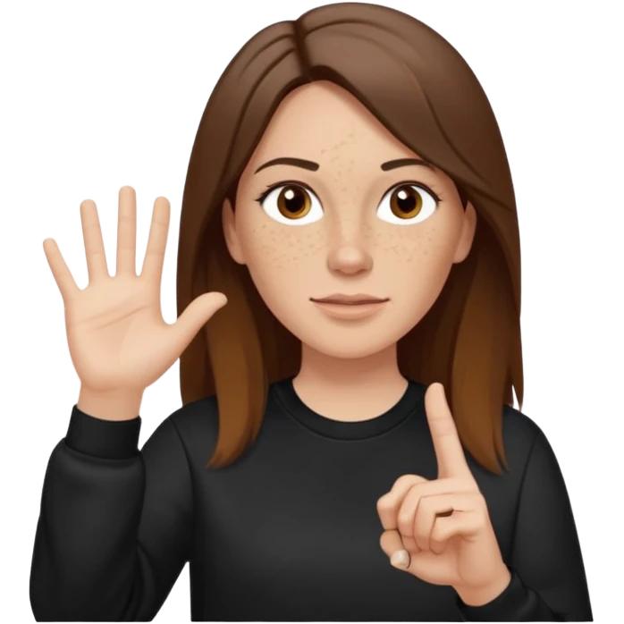 A 38 year old white woman with long brunette hair parted in the middle. She has her nose pierced. Her nose is medium sized. She has brown eyes. She has freckles and is wearing a black sweatshirt and is making the rock on sign with her hand emoji