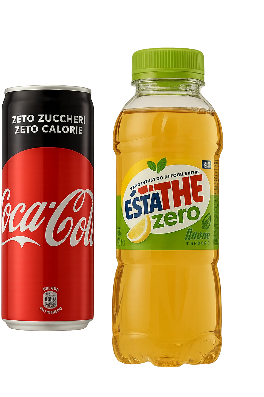lattina di coca cola zero fluttua accanto a bottiglia di esta-thè zero, iperrealistiche 4k emoji
