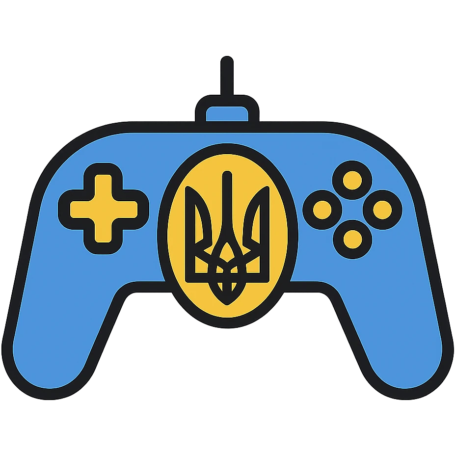Ukrainian coat of arms on a gamepad, icon style, blue and yellow colors emoji