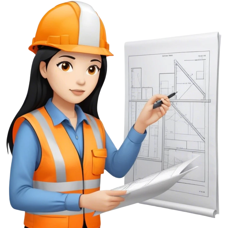 Female civil engineer with long black hair wearing white helmet and an orange safety vest looking at A3 drawing plan on her hand  emoji
