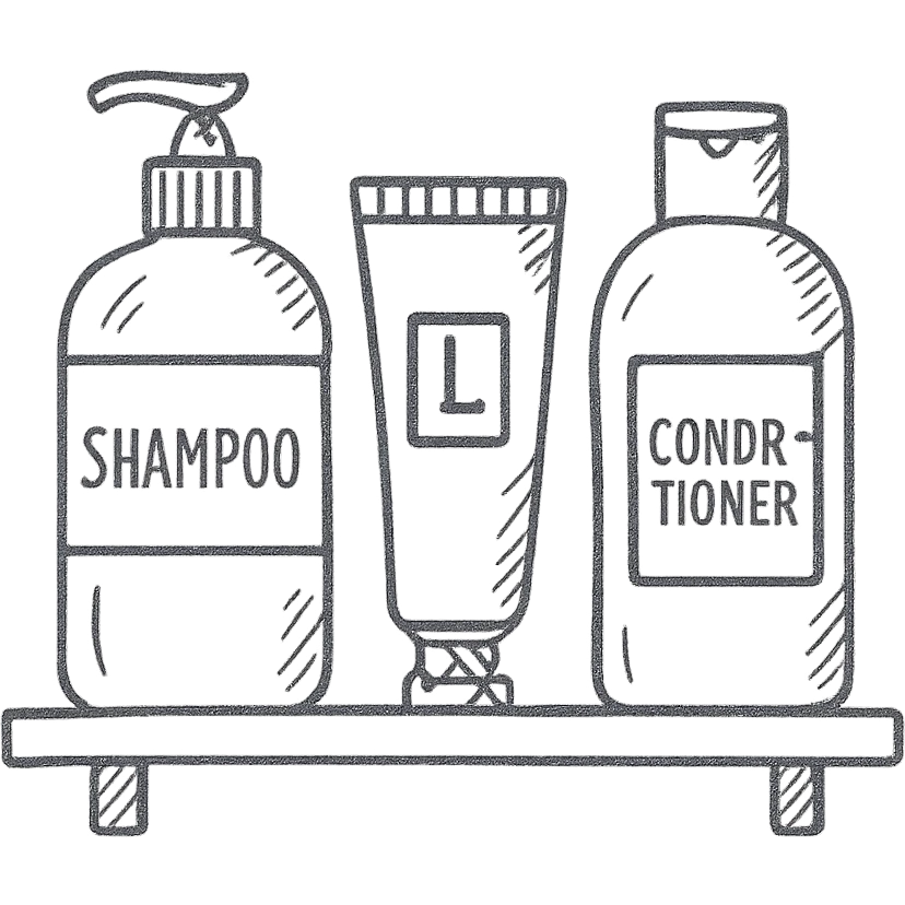 Shampoo bottle, color tube, and conditioner standing on a shelf, products are luxury brand-labeled emoji