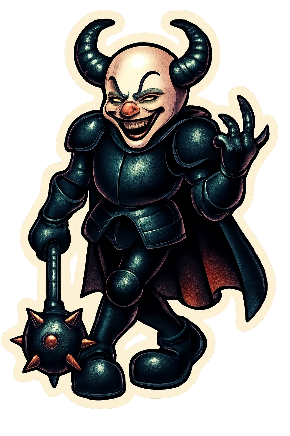 A sinister armored clown with no hair, ram horns pointing up, glossy black on matte black armor, short cape, large black clown shoes, standing with legs crossed, one arm down holding an oversized spiked mace, the other hand gesturing with a clawed hand, eyes barely open, evil smile, vibrant retro stickers style, no yellow aged tint, full body, transparent background, reference images included emoji