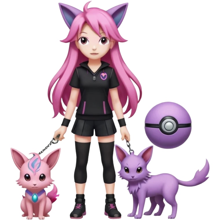 Female pokemon trainer, with long pink hair and wearing black. She’s standing confidently holding a pokeball and espeon by her feet  emoji