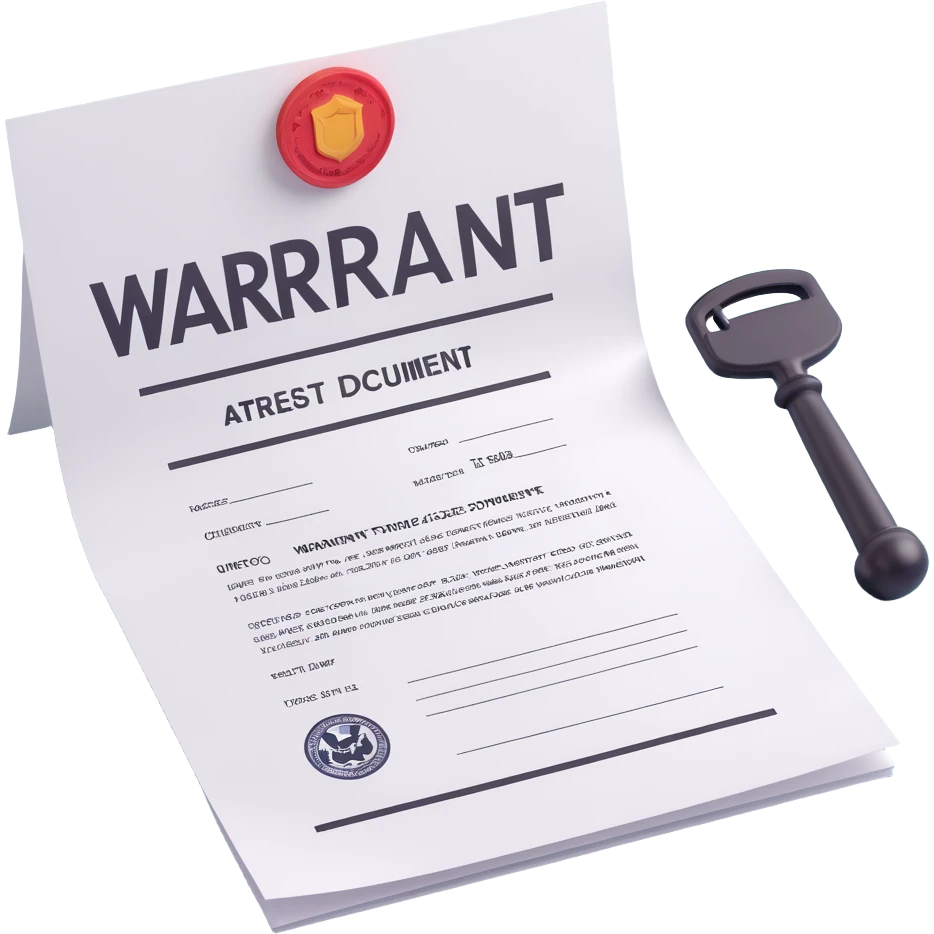 3D icon style arrest warrant document, white paper, large 'WARRANT' text at the top, body text, signature and official stamp at the bottom, bright lighting emoji