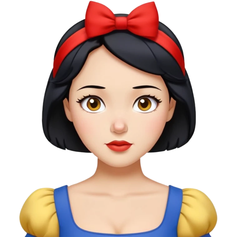 Snow White from hips up, blue top with yellow skirt, short black hair with red headband, minimal style but clearly recognizable emoji