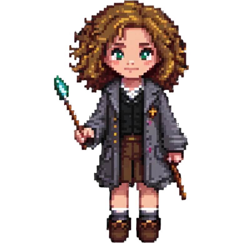 Hermione Granger with bushy hair and wand emoji