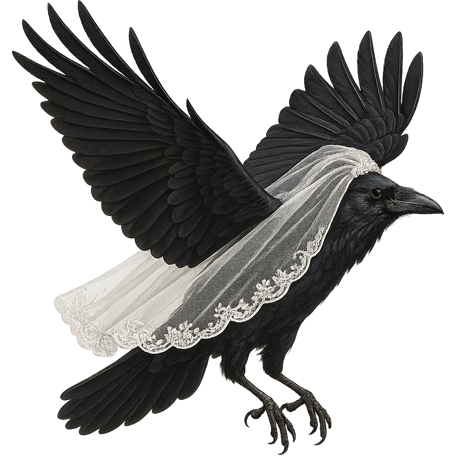 a flying raven wearing a white wedding veil, elegant, detailed, no background emoji
