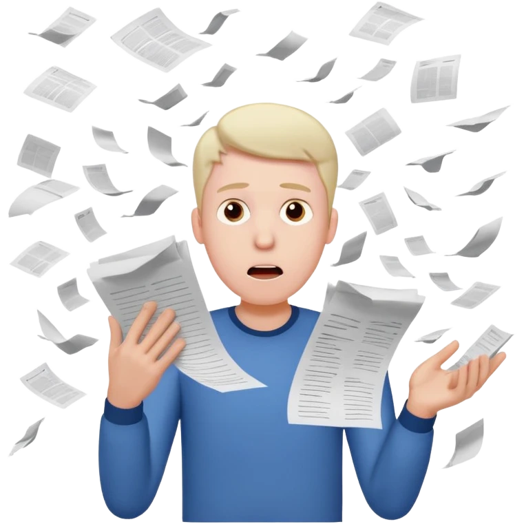 A man with a bunch of lists, they fly out of his hands. He's in shock emoji