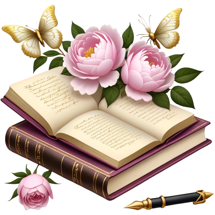A vintage silk-bound poetry book, its cover embossed with golden floral motifs of pink roses and white peonies, resting on an antique writing desk with an ivory quill and a pearl butterfly sitting lightly on the book’s pages.
 emoji