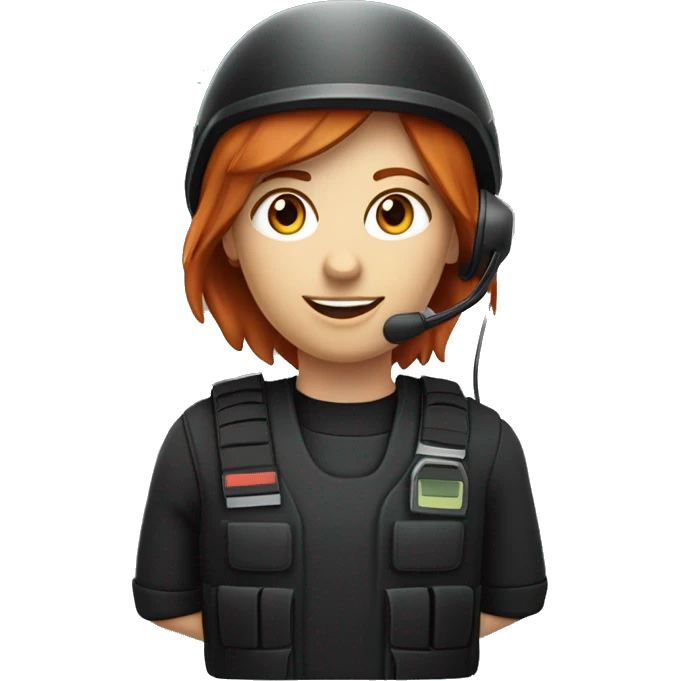 operator dressed in black with a milatary helmet, without glasses, wearing a headset, ready to respond to alerts, preferably red-haired female  emoji