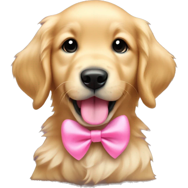 Golden retriever puppy with a pink bow on its ear and sticking its tongue out emoji