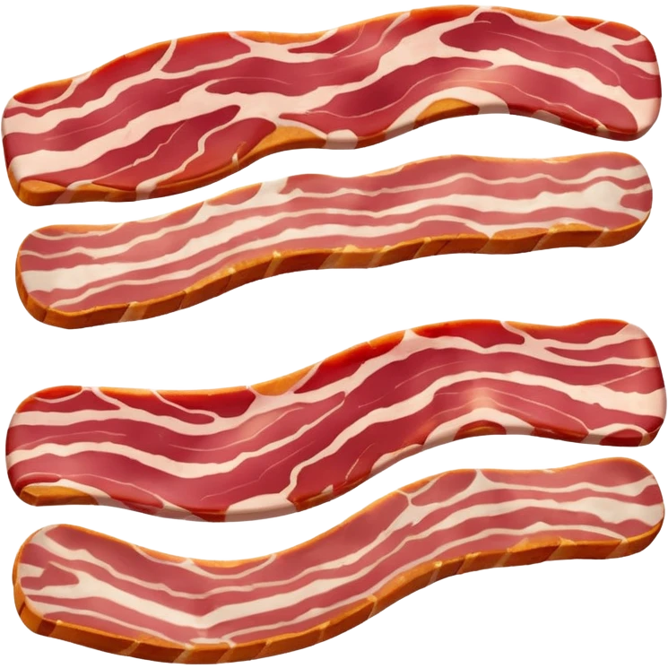 one strip of raw bacon, soft, flexible, pinkish-red with white fat, natural marbling, gentle curves, subtle irregular edges, fresh, slightly glossy, soft lighting, subtle shadows, no plate, no packaging, no faces, transparent background, emoji scale emoji