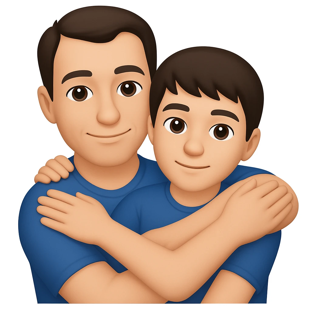 Make the son a 15 year old with dark brown hair, and the father a 39 year old good looking man with a crooked hairline, in the style of apple emojis. The style is colorful, simple, and iconic like apple emoji style. emoji