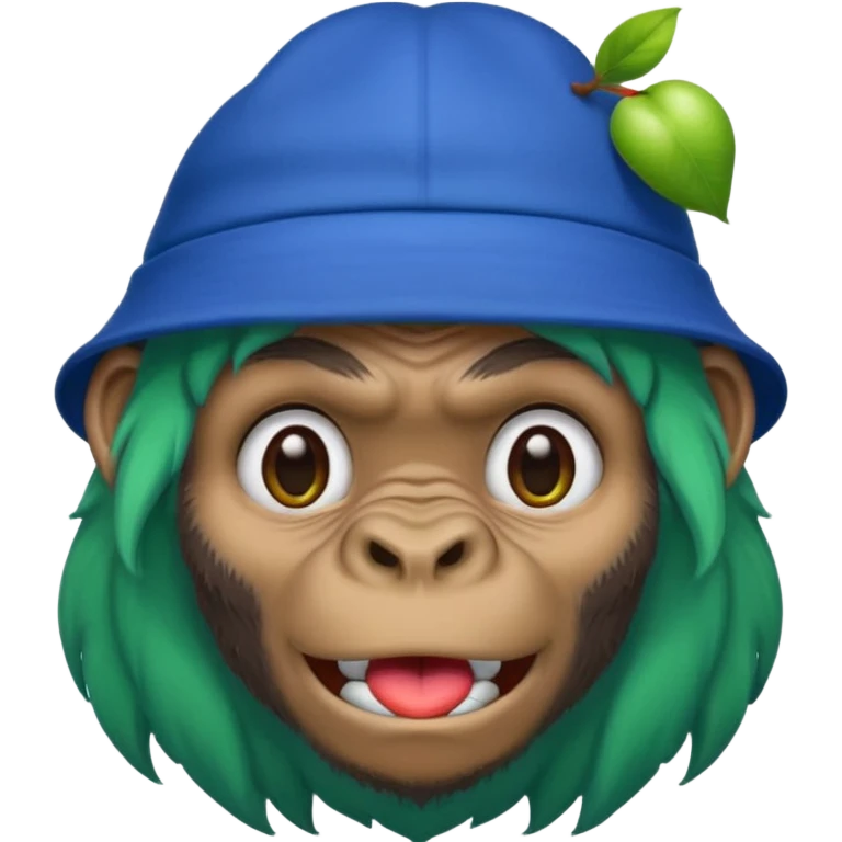 green haired gorilla head with blue hat, apple style emoji, no text, slightly different expression emoji
