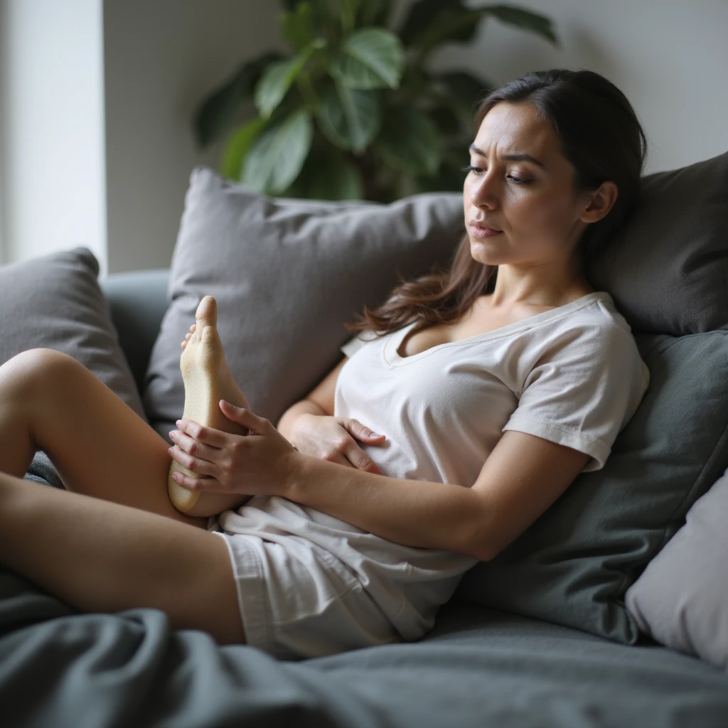 realistic 4K woman relaxing on sofa after wearing insole, then clutching foot with discomfort expression to show momentary benefit emoji