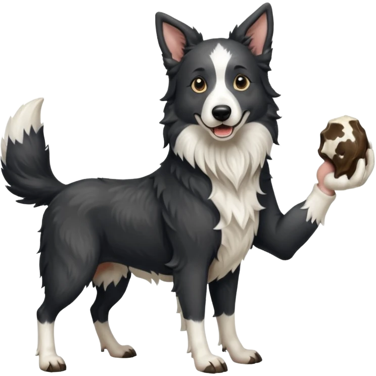 A black and white border collie werewolf, standing on her hind legs, holding a cow's hoof. emoji