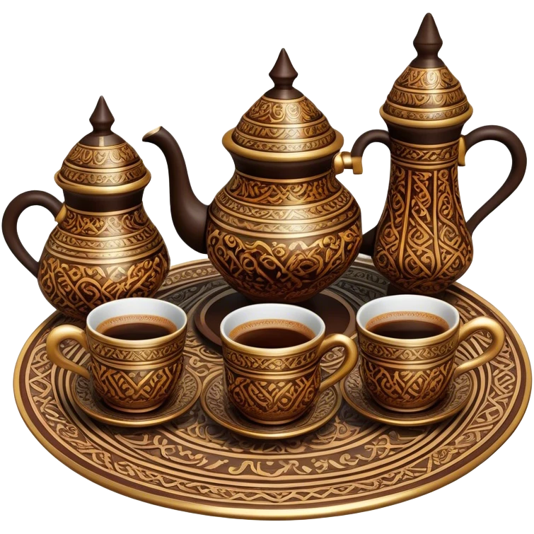 Turkish Coffee Set – Cinematic Realistic Turkish Coffee Set, depicted as an elegantly arranged ensemble of ornate coffee cups and a traditional cezve pot, adorned with intricate patterns and rich, warm colors, rendered with detailed textures and soft ambient lighting that captures its cultural heritage. emoji