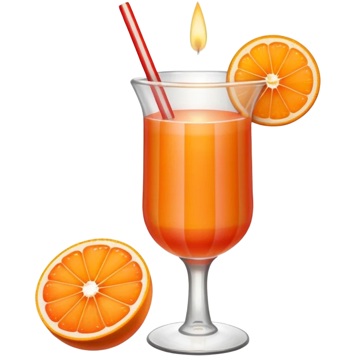 An orange grapefruit, with a horizontal red stripe around the middle. 4 vertical cocktail sticks in the orange with small pieces of candy on the sticks. On top of the orange a small white lit candle. The orange should be a piece of fruit not a drink.  emoji