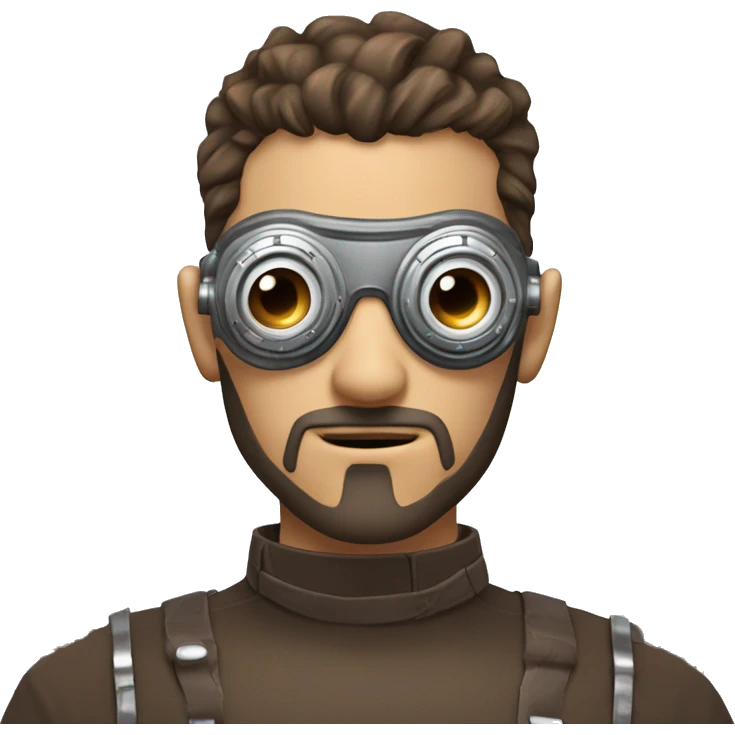 male cyborg head with brown shirt hair, brown beard, silver steampunk goggles and circuits emoji