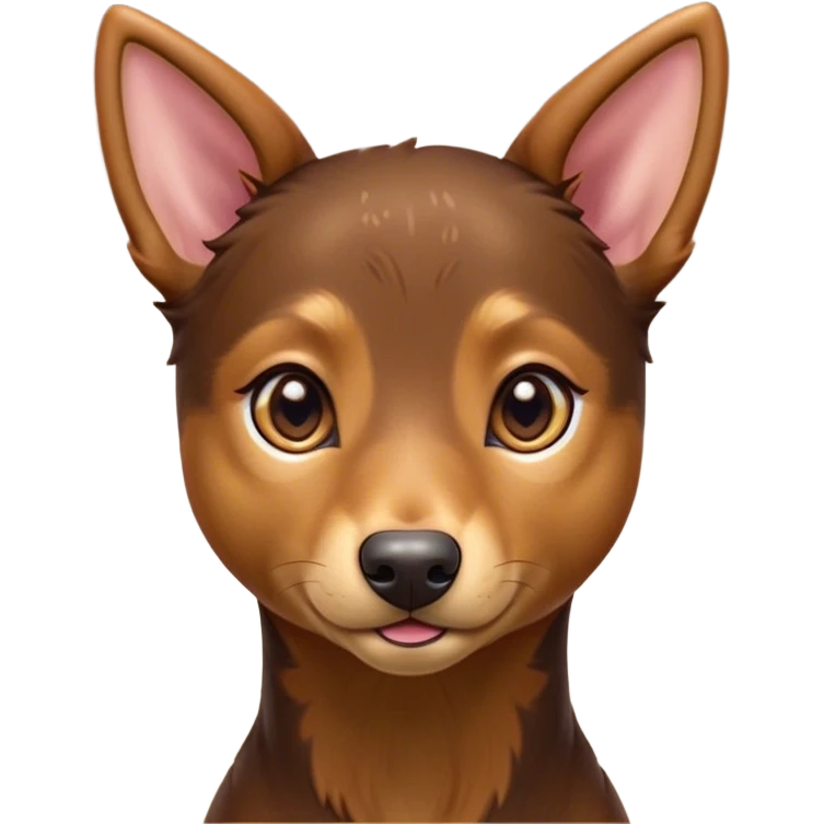Cinematic Cute Brown and Tan Kelpie Portrait Emoji, Head tilted playfully and inquisitively, featuring a glossy brown Fur with vibrant tan accents, round, sparkling warm eyes filled with curiosity, Simplified yet irresistibly adorable features, highly detailed, glowing with a warm, friendly glow, high shine, affectionate and spirited, stylized with a touch of whimsy, bright and endearing, soft glowing outline, capturing the essence of a mischievous yet loving herder, so playful it feels like it could leap out of the screen and into your arms! emoji