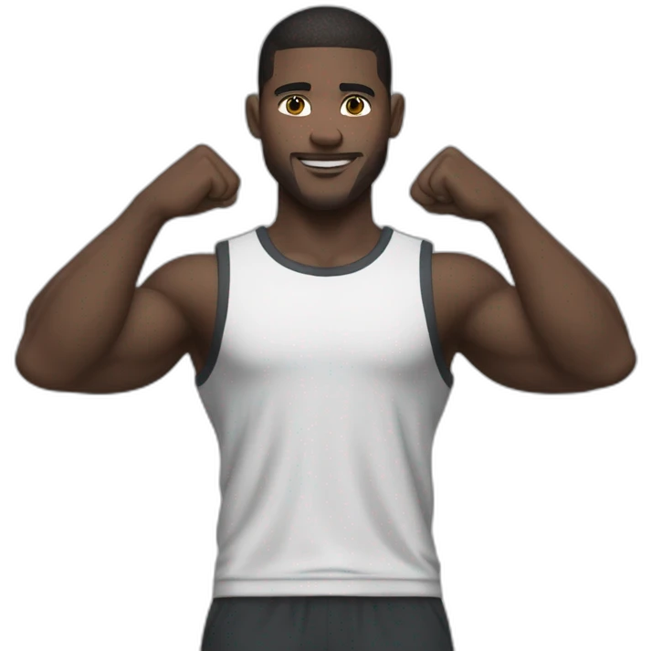 Close up Actively gesturing  with hands Pale skinned Fit Man With the biceps and brown hair in dark gray Sleeveless Mike, black oversize sports shorts, watch and white Sneakers emoji