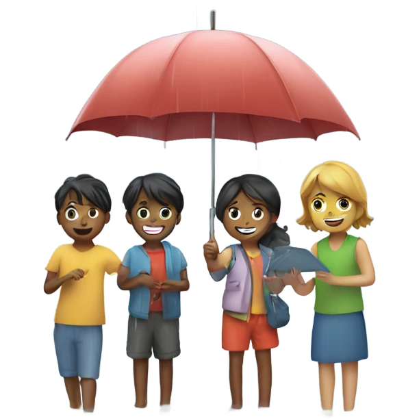 3 kids with a umbrella playing with a paper ship in the rain emoji