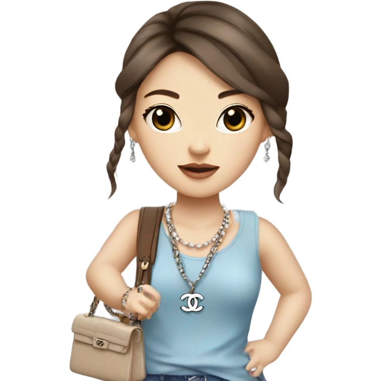 Realistic brown hair blue eyes Chanel Asian Girl with Birkin bag and Chanel necklace emoji