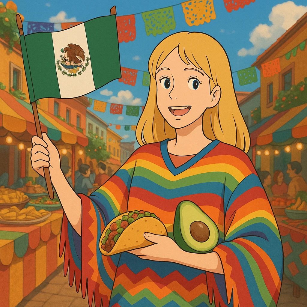 ghibli style cartoon of a tall blonde woman in a colorful poncho, smiling, holding a taco and avocado, waving a Mexico flag, festive street party background with food and decorations emoji