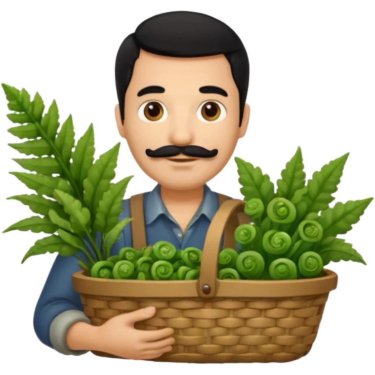 farmer emoji with black hair, moustache, and light beard, holding a basket of fiddlehead ferns, inspired by the attached reference photo emoji