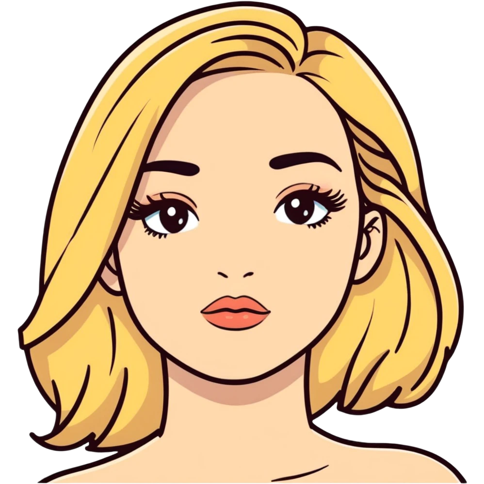 hair: medium long, blonde. makeup: long eyelash, medium dark eyebrows, nude lips.  emoji