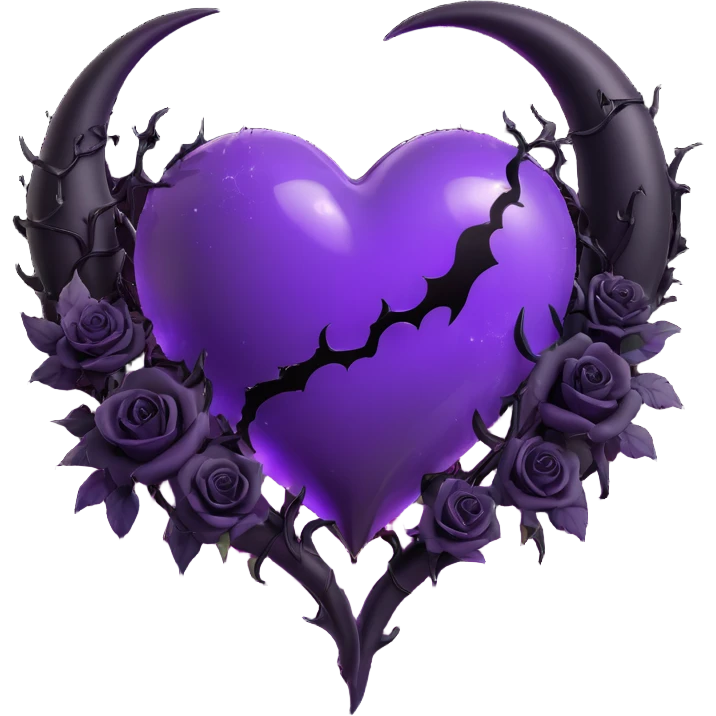 3D emoji gothic heart, purple glass, crescent moon, black roses, devil tail, glowing stardust, electric lightning, wet look, shattered glass texture emoji