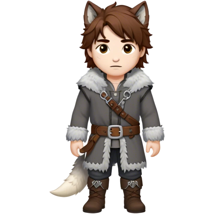 Medieval winter outfit worn by a DnD themed fantasy male character. Heavy slate gray wool tunic with wolf fur trim, featuring carved bone toggles and a wide leather belt with iron buckle. Clothes only above the waist, full waist coverage. The character has no arms. Character is white-skinned with dark copper hair, hazel eyes, and medium-length tousled hair with snow-touched strands. emoji