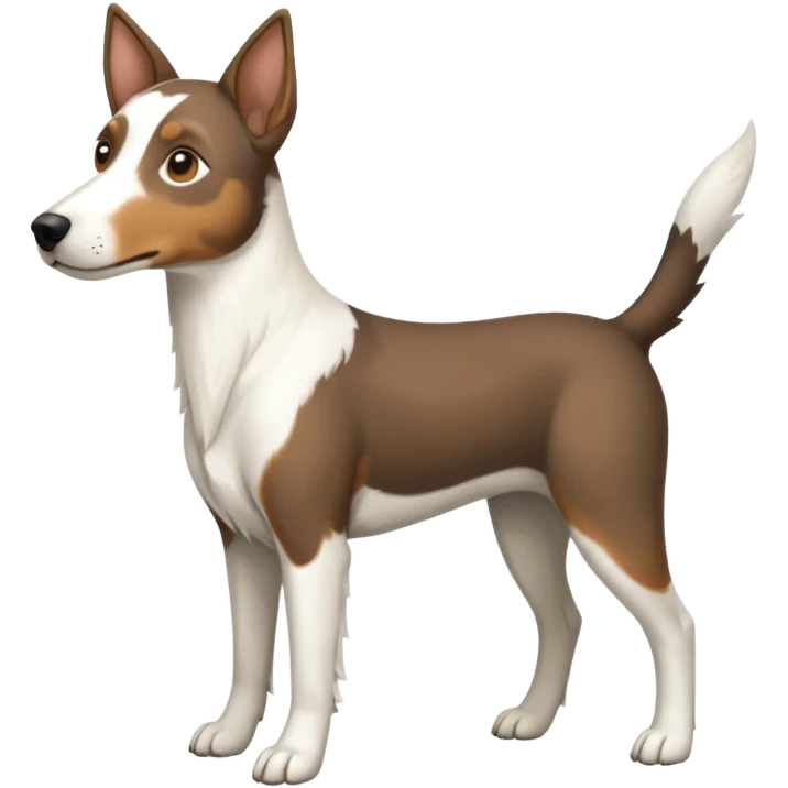 a full body large white floppy eared parson russell looking dog the size of a kelpie with light brown ears and a light brown patch on one eye and a large snout emoji