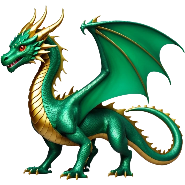 cinematic-noble-dragon-full body-emoji,-poised-and-majestic,-with-a-sinuous,-elongated-build-and-shimmering,-scale-covered-skin-in-hues-of-emerald-and-gold,-piercing,-fiery-eyes,-simplified-yet-sharp-and-sophisticated-features,-highly-detailed, zoomed out showing the serpentine body emoji